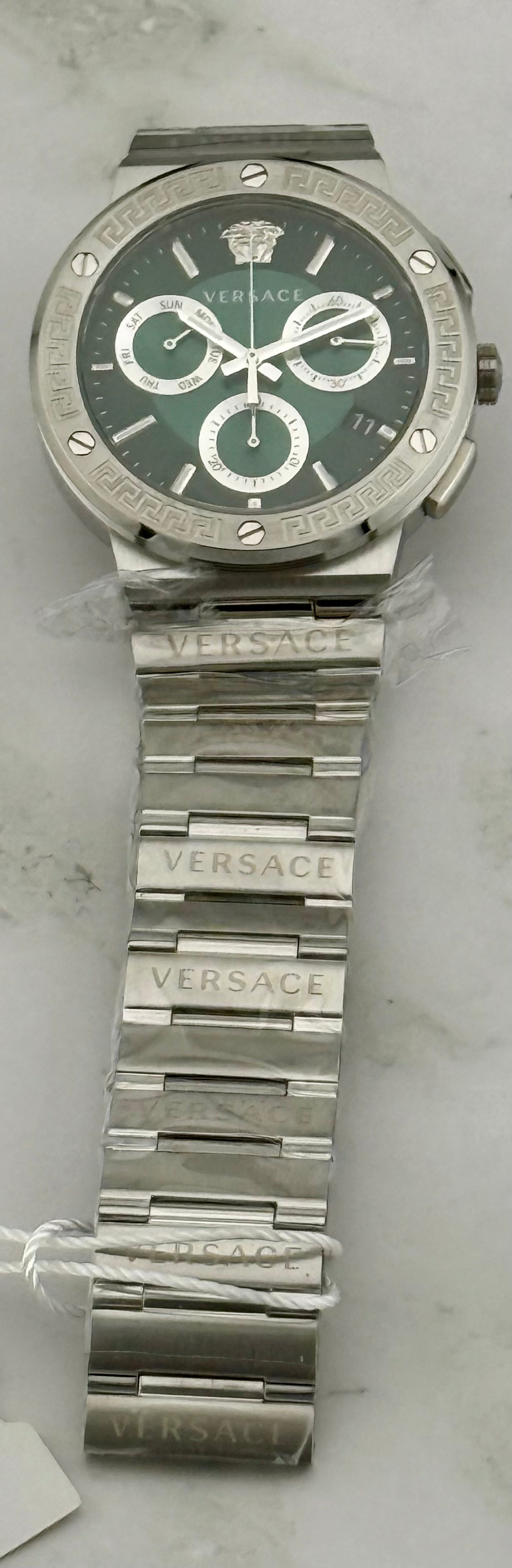 New Full-Set Versace Greca Logo Chrono 43 mm Watch Emerald Green Sunray Dial