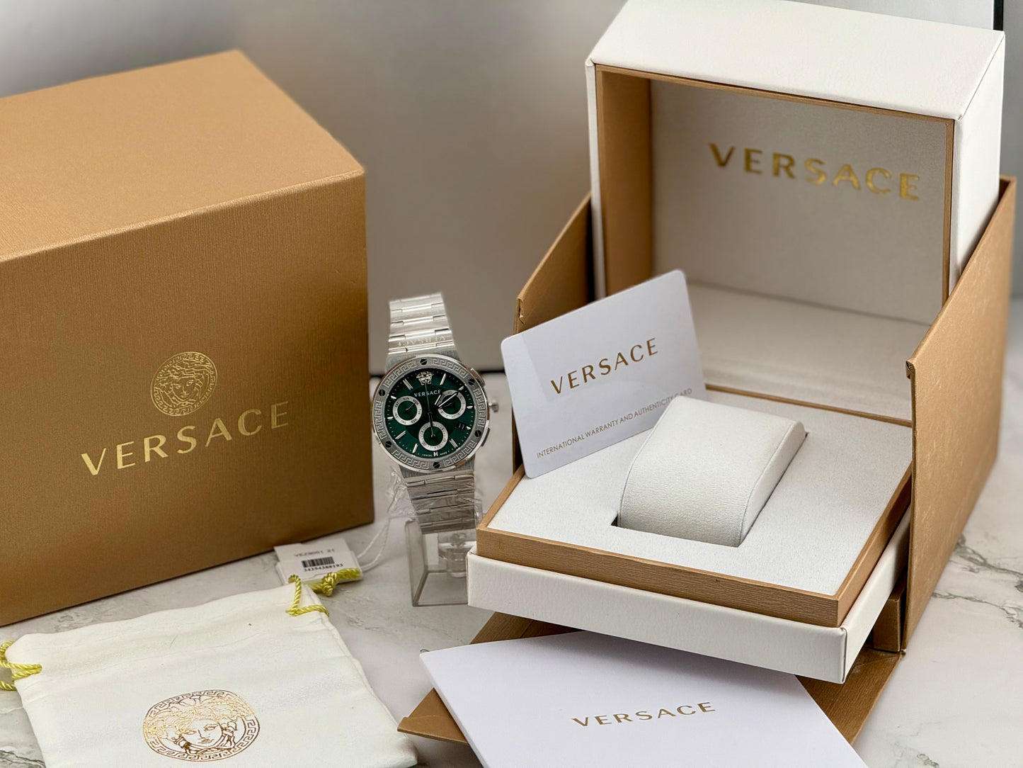 New Full-Set Versace Greca Logo Chrono 43 mm Watch Emerald Green Sunray Dial