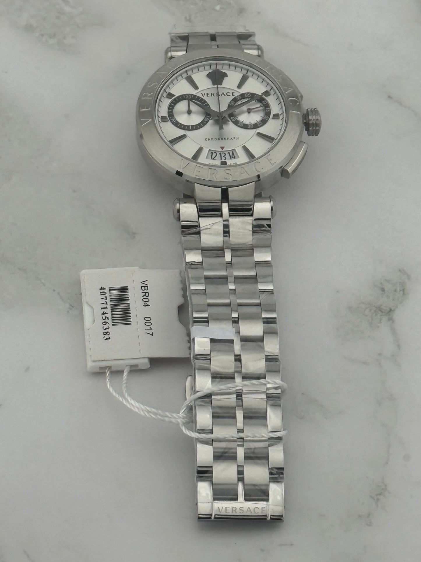New Full-Set Versace 45mm Greca Aion Chronograph White Dial Silver Steel