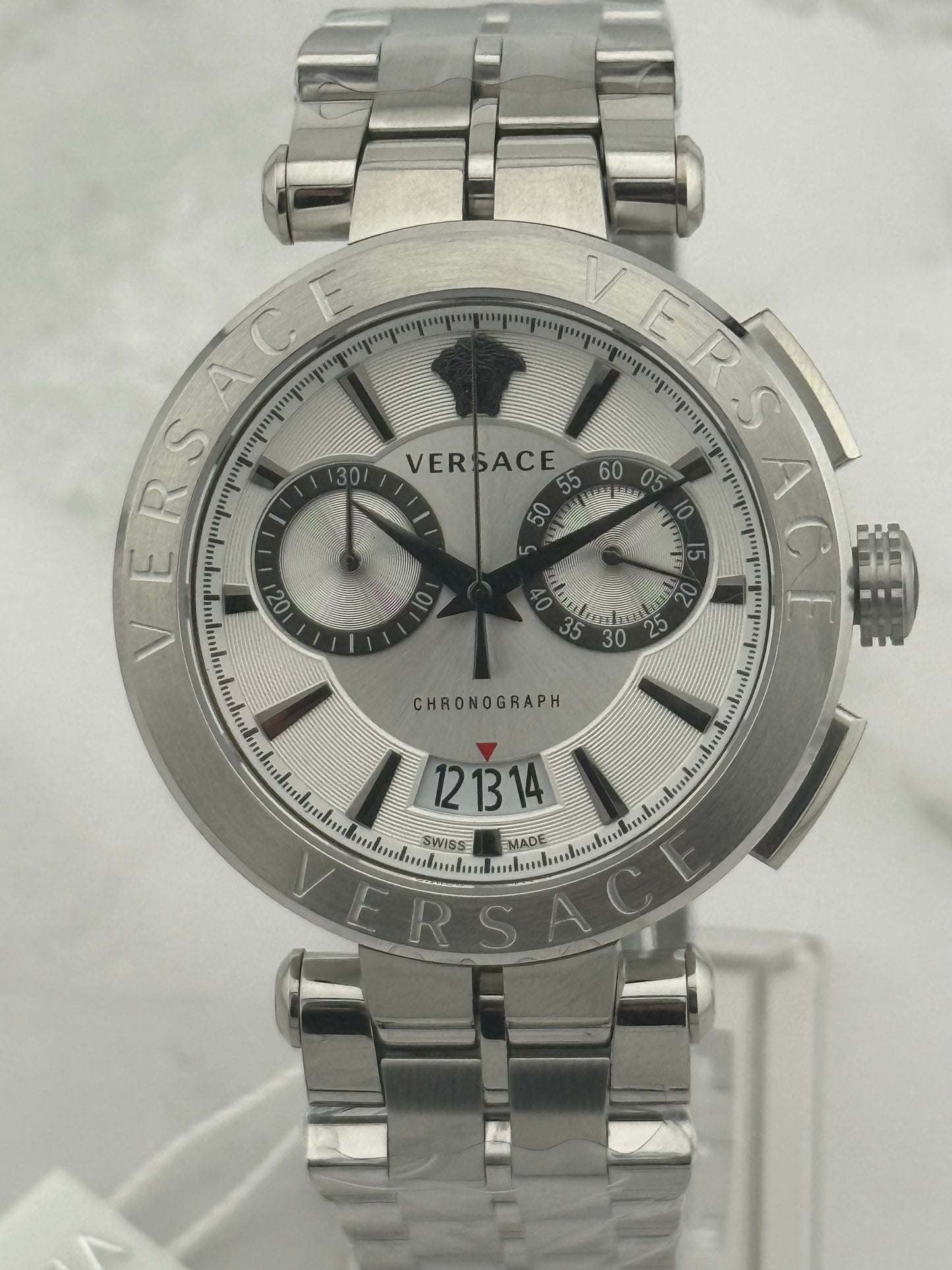 New Full-Set Versace 45mm Greca Aion Chronograph White Dial Silver Steel