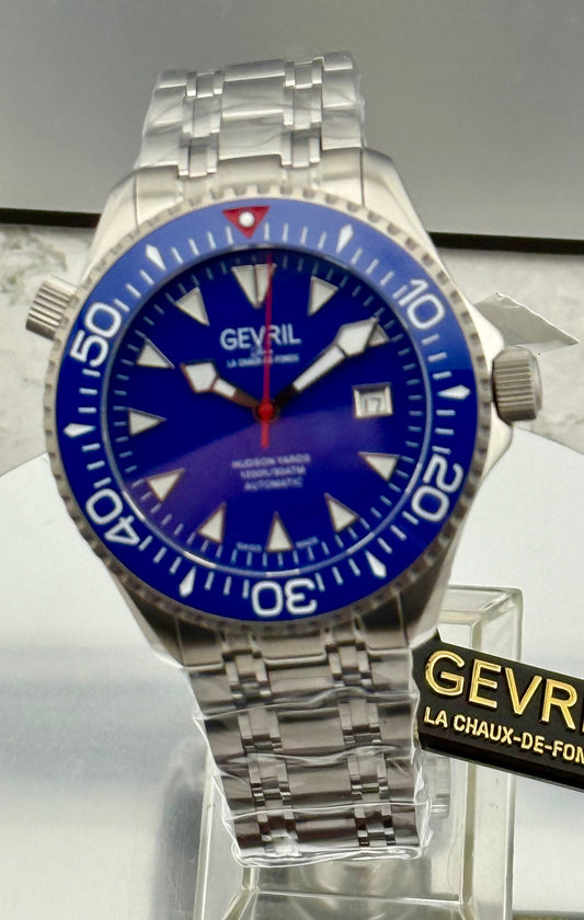 New Full-Set Limited 43mm Gevril Hudson Yards Diver Blue Dial Blue Ceramic Bezel