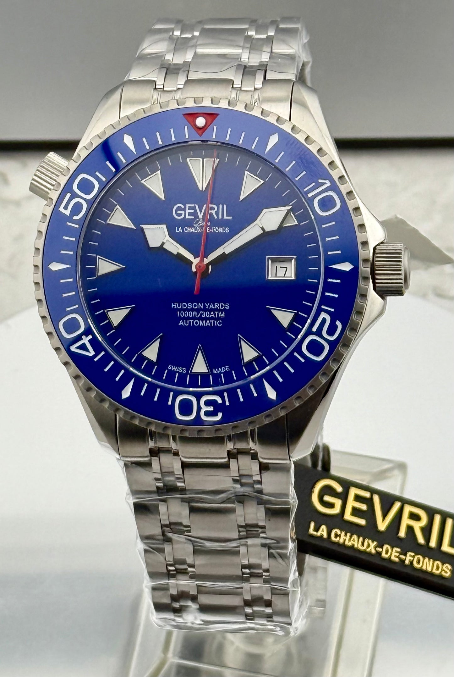 New Full-Set Limited 43mm Gevril Hudson Yards Diver Blue Dial Blue Ceramic Bezel