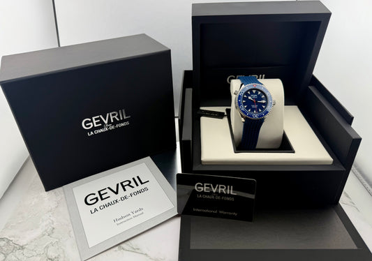 New Full-Set 43mm Gevril Hudson Yards Diver Blue Dial Blue Rotating Bezel Rubber