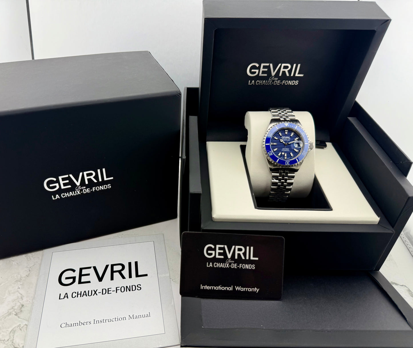 New Limited Full-Set 43mm Gevril Chambers Blue Textured Dial Blue Ceramic Bezel