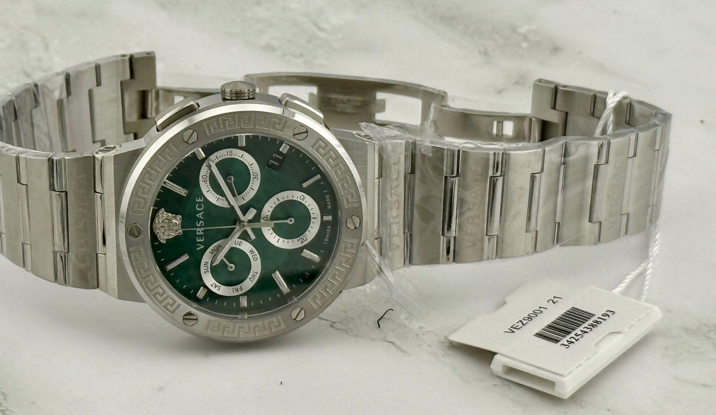 New Full-Set Versace  Greca Logo Chrono 43 mm Watch  Emerald Green Sunray Dial