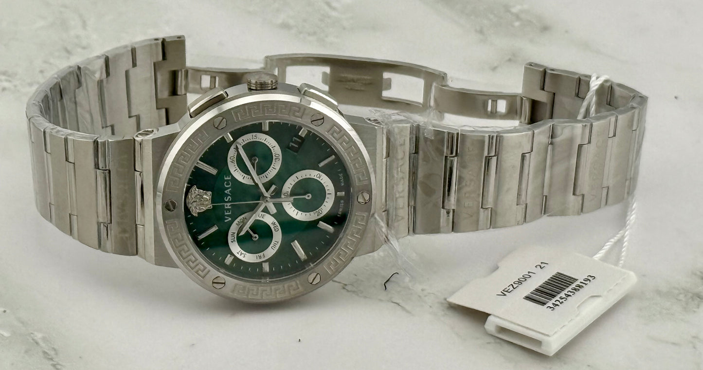 New Full-Set Versace  Greca Logo Chrono 43 mm Watch  Emerald Green Sunray Dial