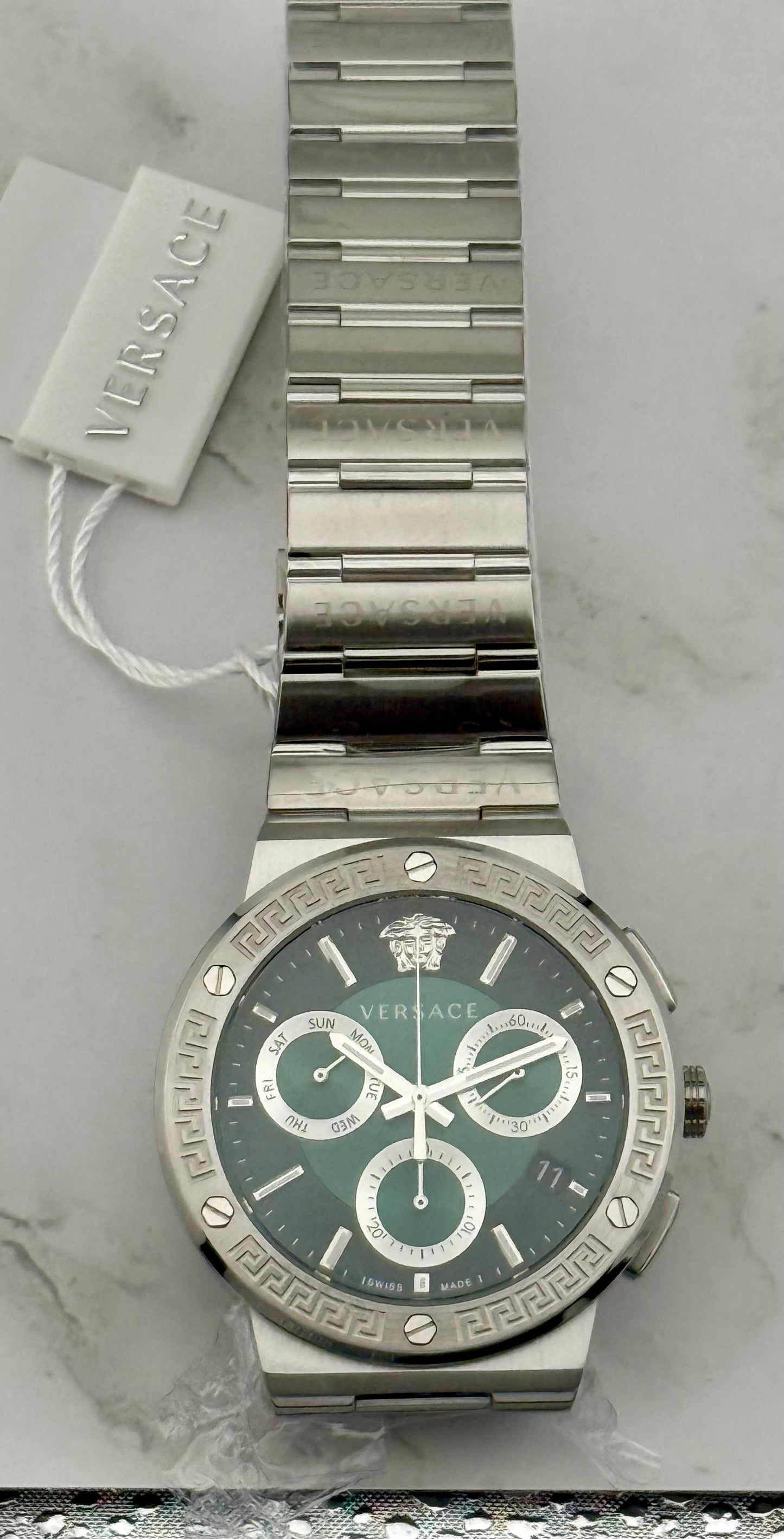 New Full-Set Versace  Greca Logo Chrono 43 mm Watch  Emerald Green Sunray Dial