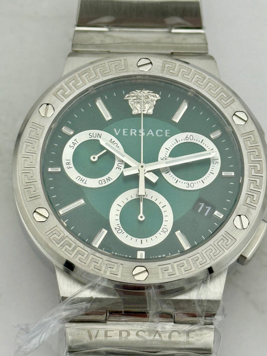 New Full-Set Versace  Greca Logo Chrono 43 mm Watch  Emerald Green Sunray Dial