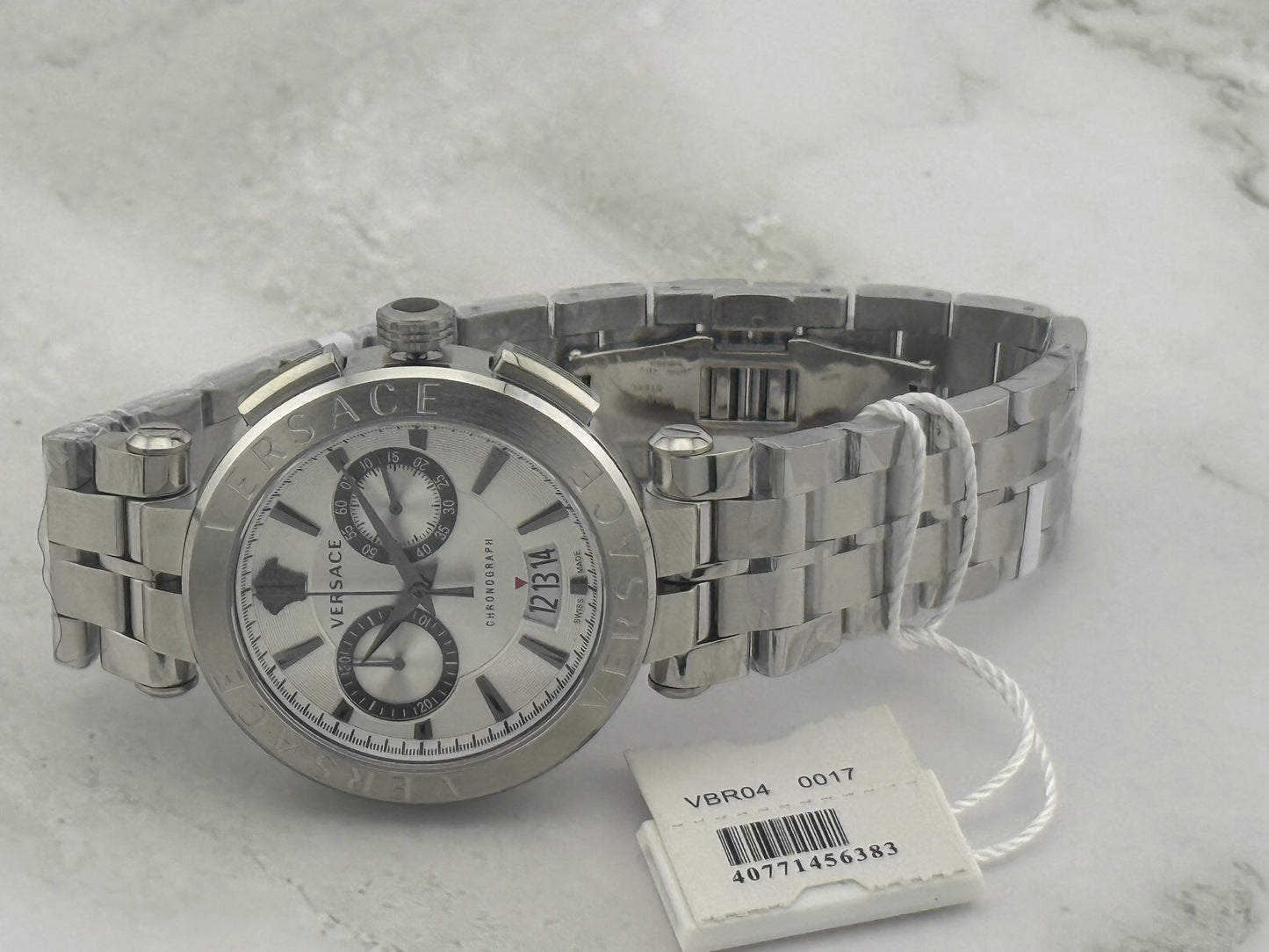 New Full-Set Versace  45mm Greca Aion Chronograph White Dial Silver Steel