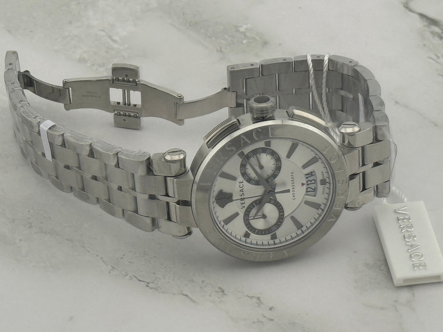New Full-Set Versace  45mm Greca Aion Chronograph White Dial Silver Steel