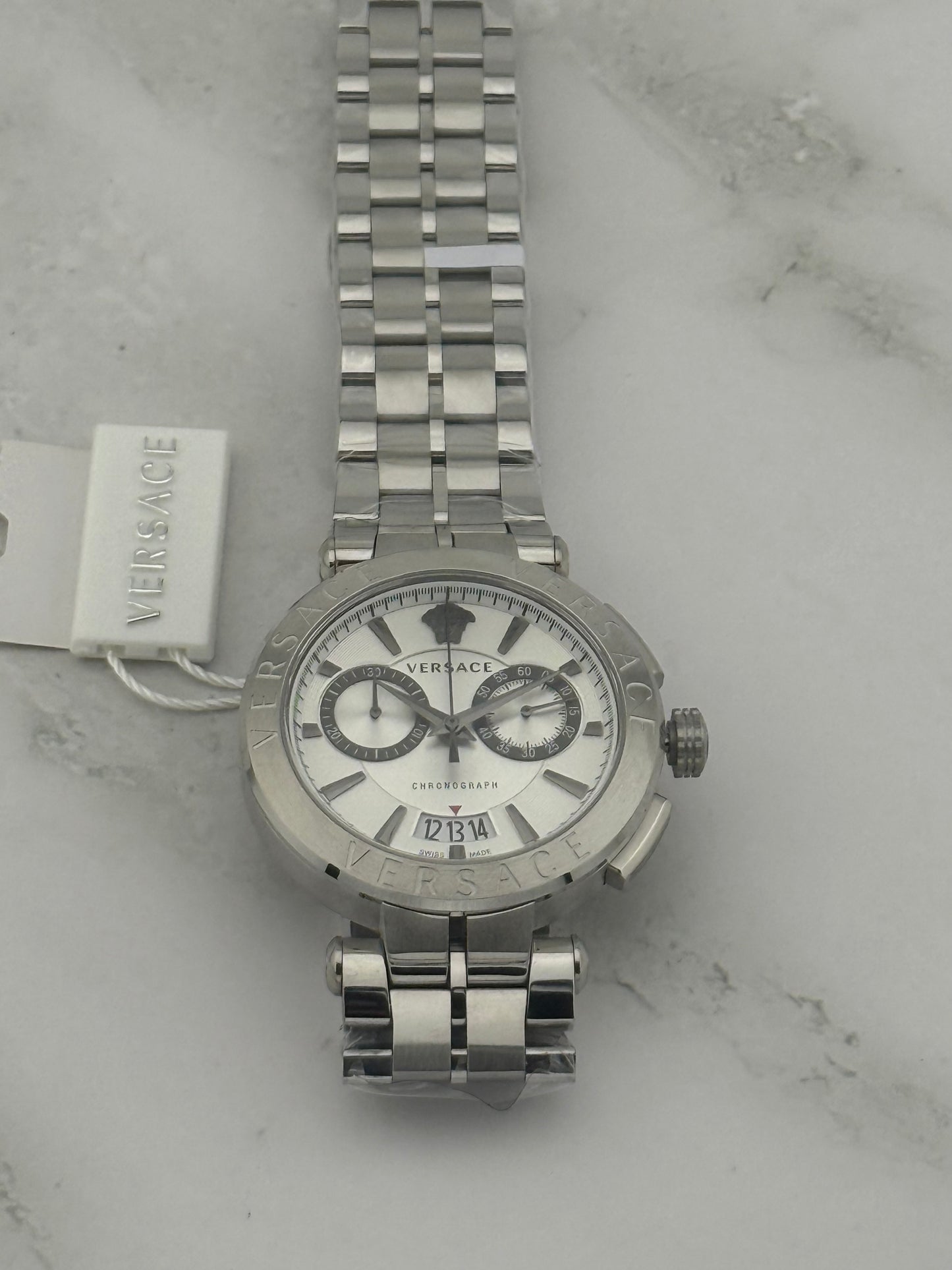 New Full-Set Versace  45mm Greca Aion Chronograph White Dial Silver Steel