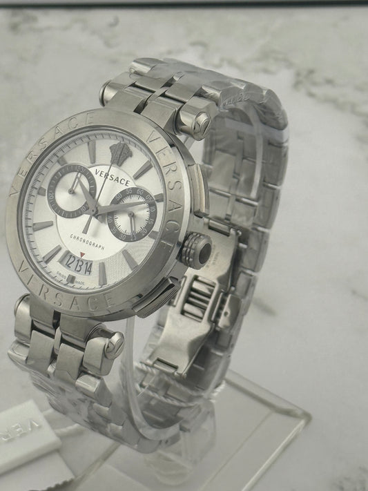 New Full-Set Versace  45mm Greca Aion Chronograph White Dial Silver Steel