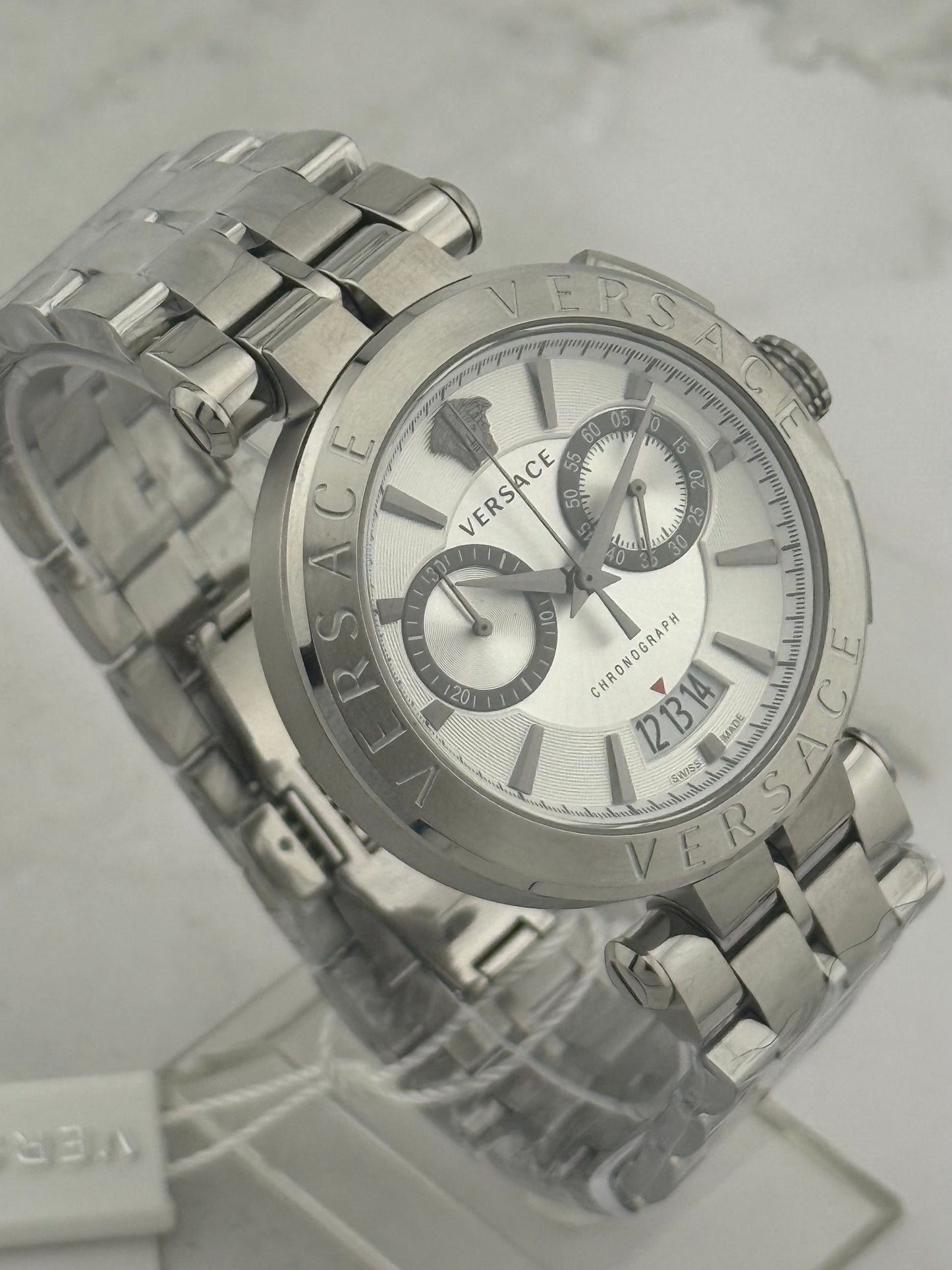 New Full-Set Versace  45mm Greca Aion Chronograph White Dial Silver Steel