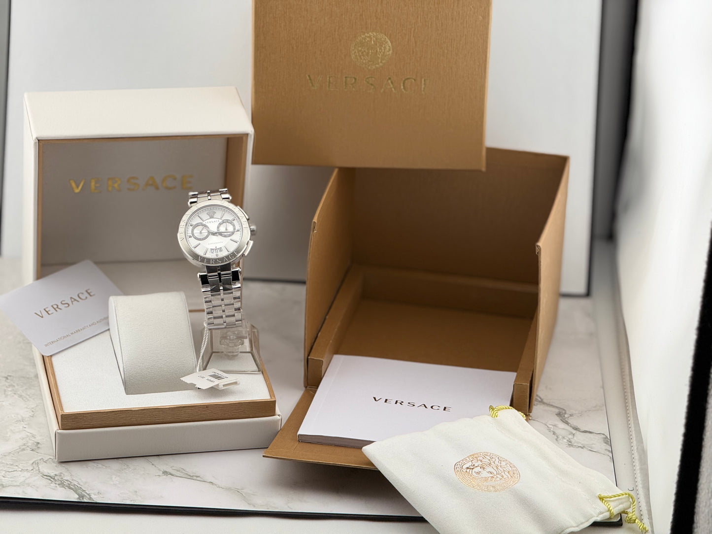 New Full-Set Versace  45mm Greca Aion Chronograph White Dial Silver Steel
