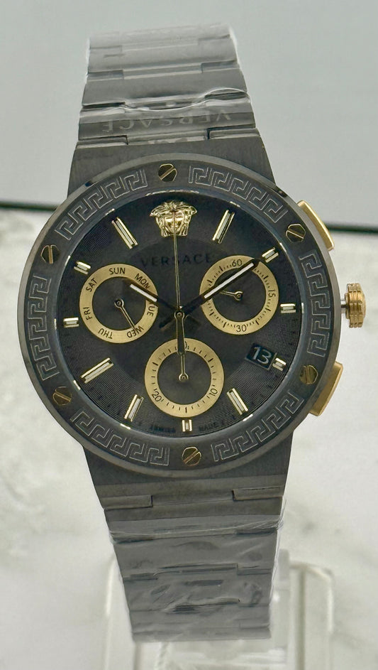 New Full-Set Versace Greca Logo Chronograph Quartz Grey Dial Men's Watch