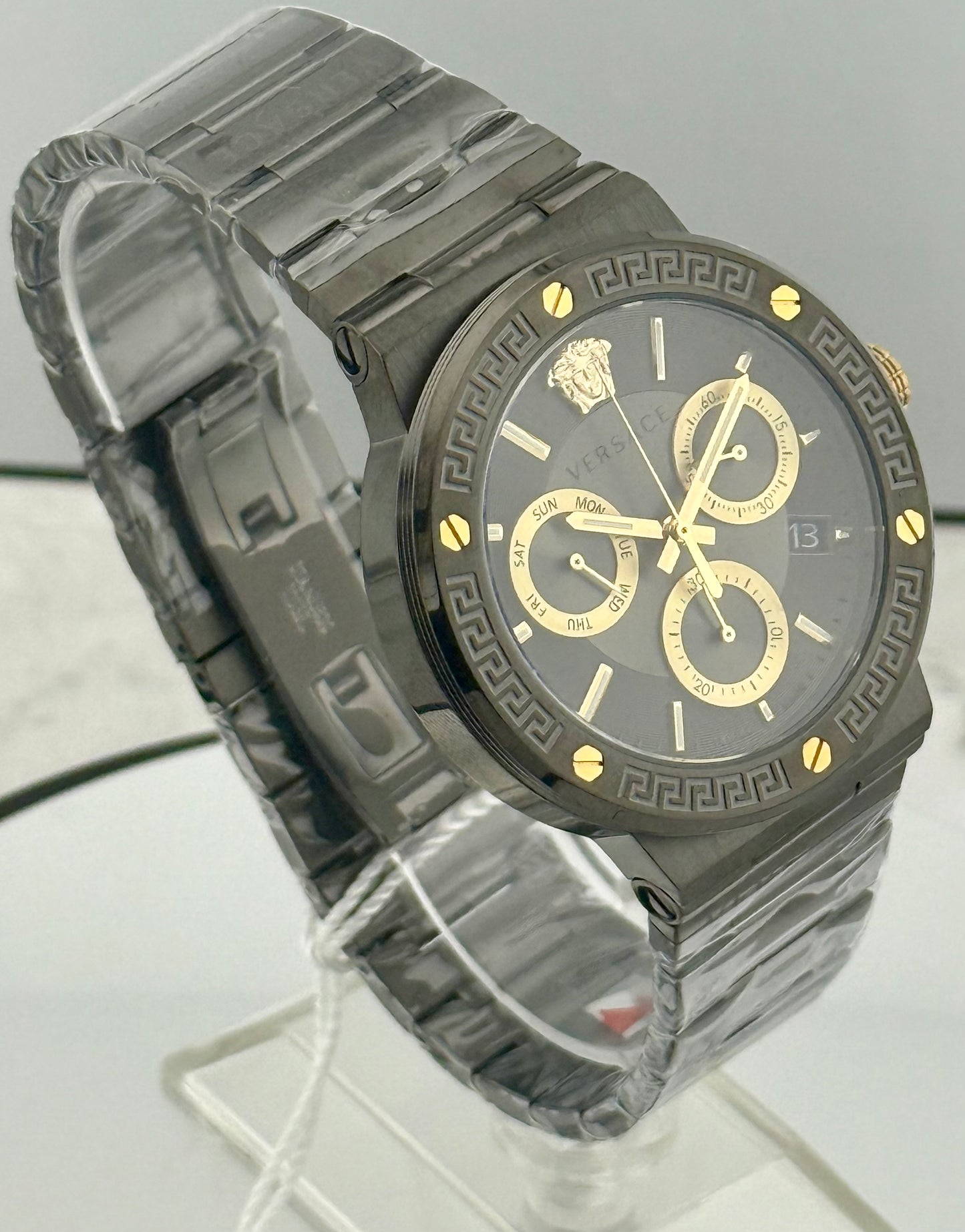 New Full-Set Versace Greca Logo Chronograph Quartz Grey Dial Men's Watch
