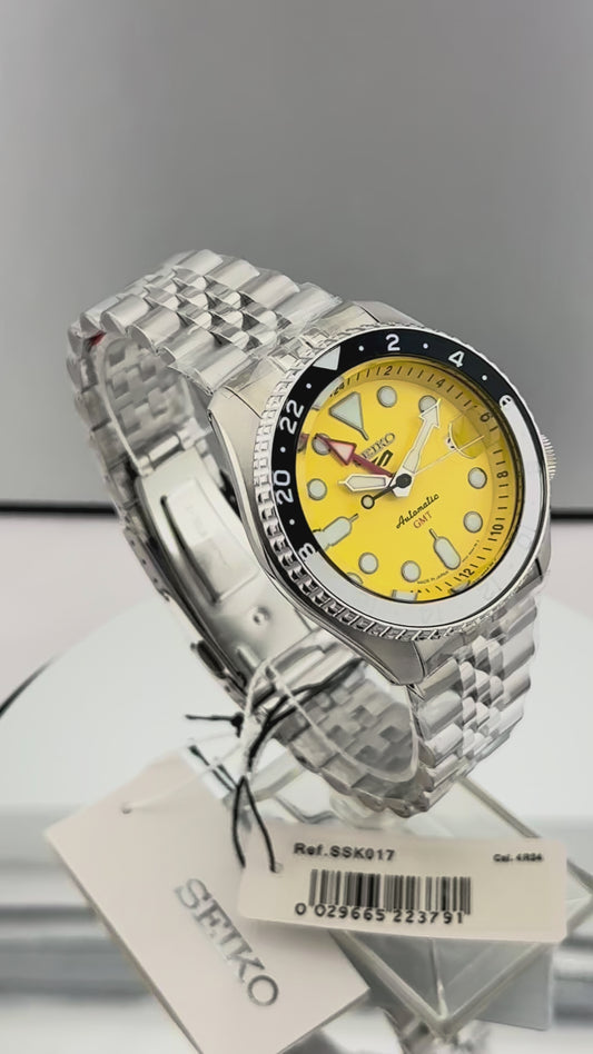 New Full-Set Seiko 5 Sports SKX GMT SSK017 Yellow Dial Bruce Wayne Bezel