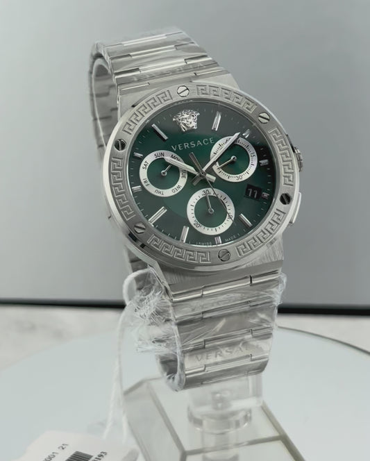 New Full-Set Versace  Greca Logo Chrono 43 mm Watch  Emerald Green Sunray Dial