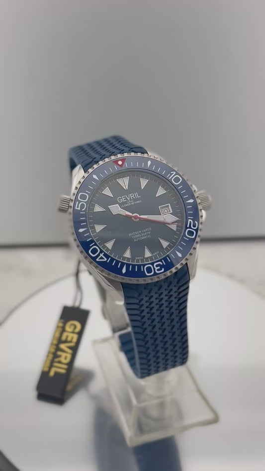 New Full-Set 43mm Gevril Hudson Yards Diver Blue Dial Blue Rotating Bezel Rubber